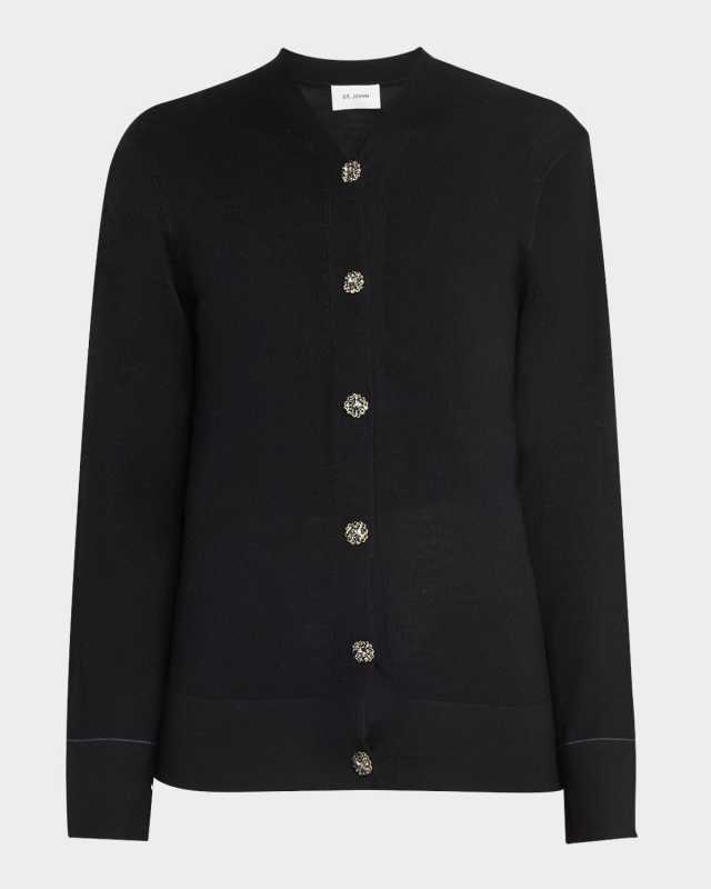 V-Neck Crystal-Button Merino Knit Cardigan